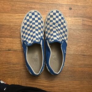 Blue checkered slip on vans